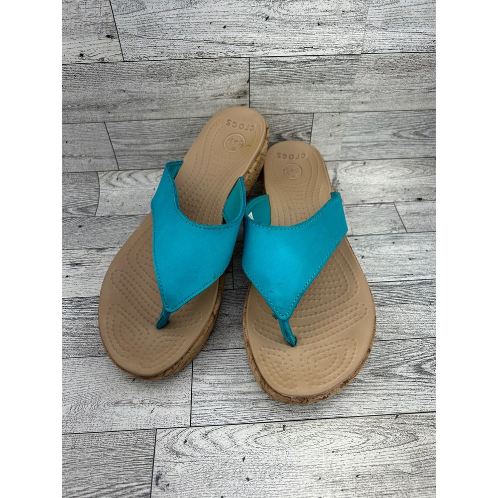 Crocs A-Leigh Leather Platform Flip Flop Wedge Sandals Turquoise Womens 8 14933